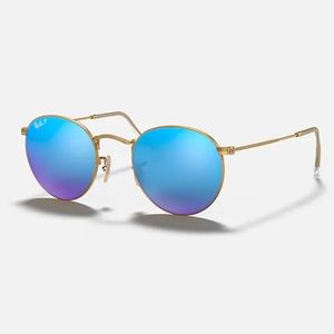 Ray-Ban RB3447 Round Flash Lenses 50mm Polarized Blue & Gold